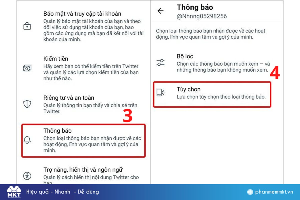 Chọn Thông báo→ Chọn vào Tùy chọn