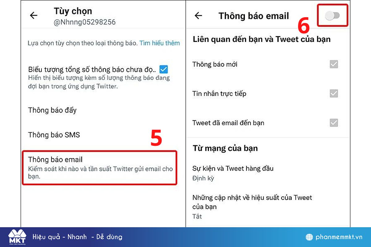 Thông báo email→Gạt công tắc Off phía trên cùng màn hình