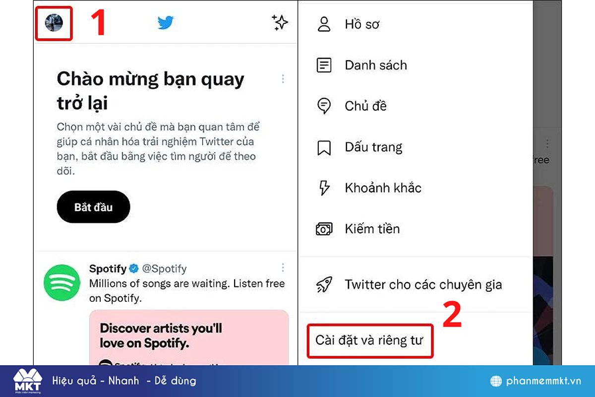 Truy cập vào tài khoản Twitter→ Tài khoản→ Cài đặt và riêng tư